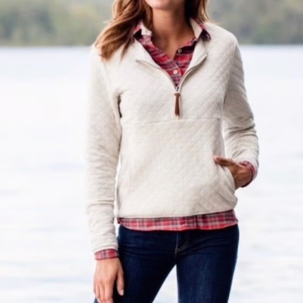 Guideboat Co XL Women's J'Adore Quilted Half Zip Pullover Oatmeal USA Cotton HTF